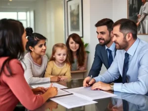 A family, including a young child, sits at a table across from two lawyers, looking over documents. One of the women is signing a paper.
