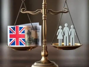 A balance scale showing UK divorce laws: one side has money and a UK flag, the other has a family, symbolizing financial impact of divorce on families.