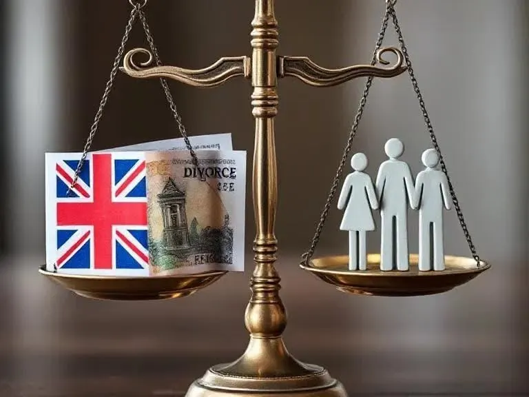 A balance scale showing UK divorce laws: one side has money and a UK flag, the other has a family, symbolizing financial impact of divorce on families.
