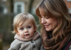 A mother holding her child is depicted in the image