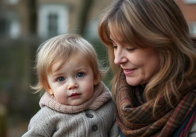A mother holding her child is depicted in the image