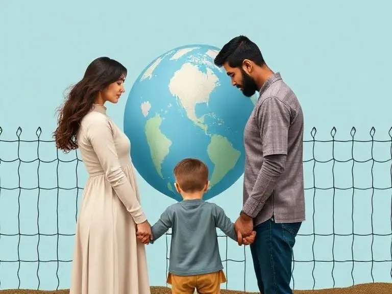 A family stands holding hands before a globe, symbolizing international efforts to enforce child maintenance across borders.